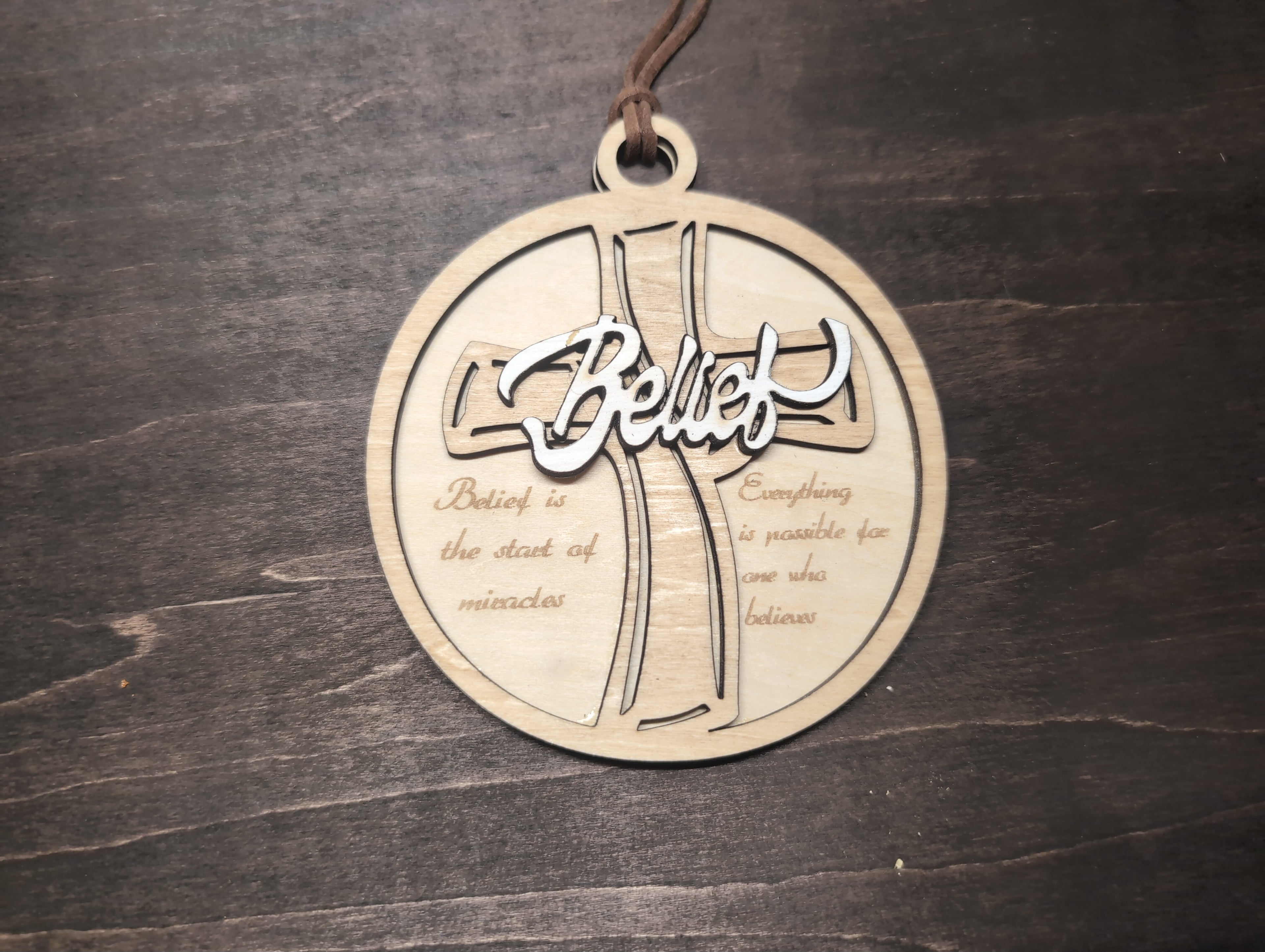 Belief multi-later wooden ornament